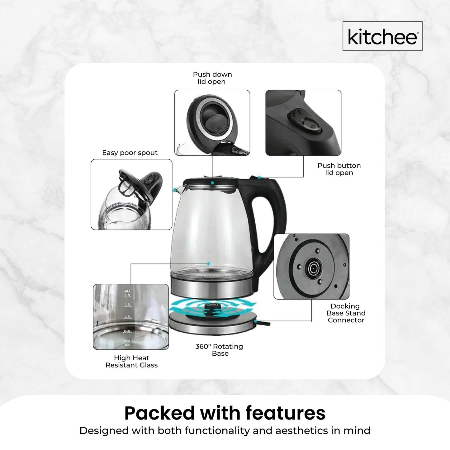 1.7L Electric Glass Kettle with LED Blue Light – 360° Cordless Water Boiler