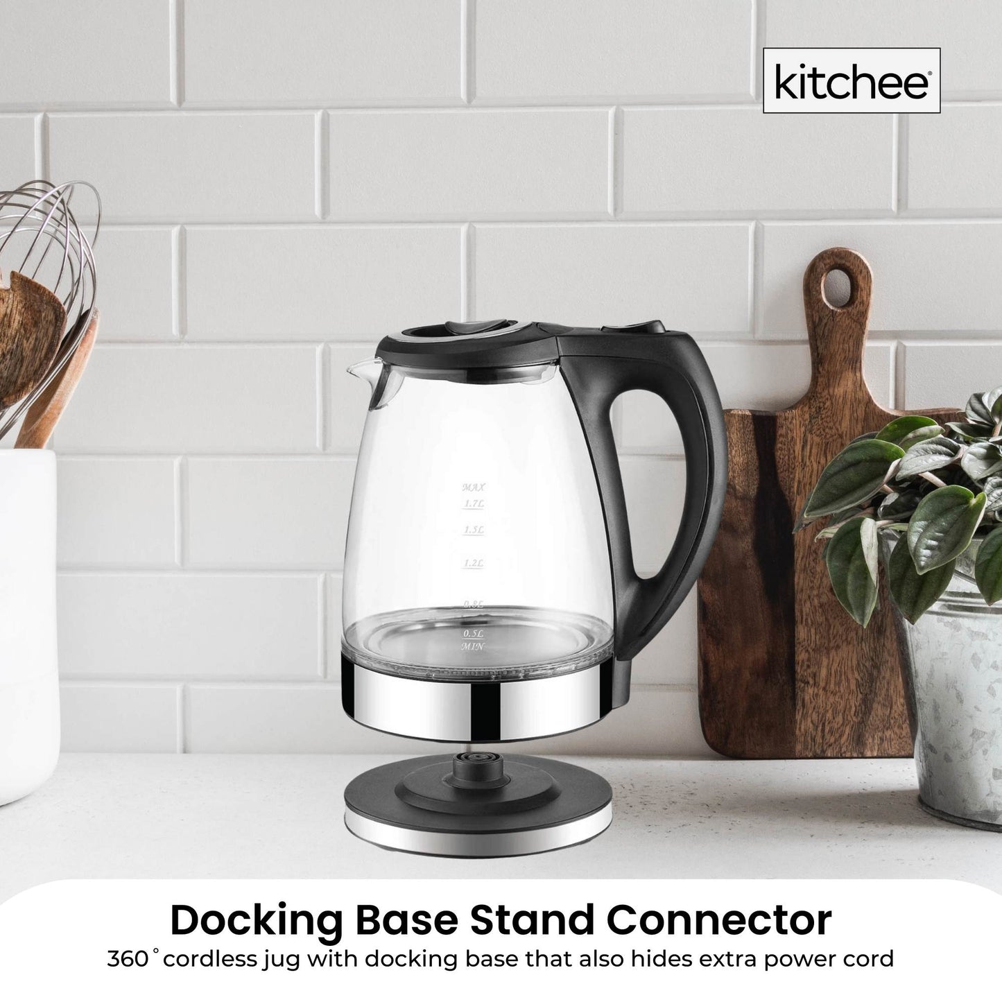1.7L Electric Glass Kettle with LED Blue Light – 360° Cordless Water Boiler