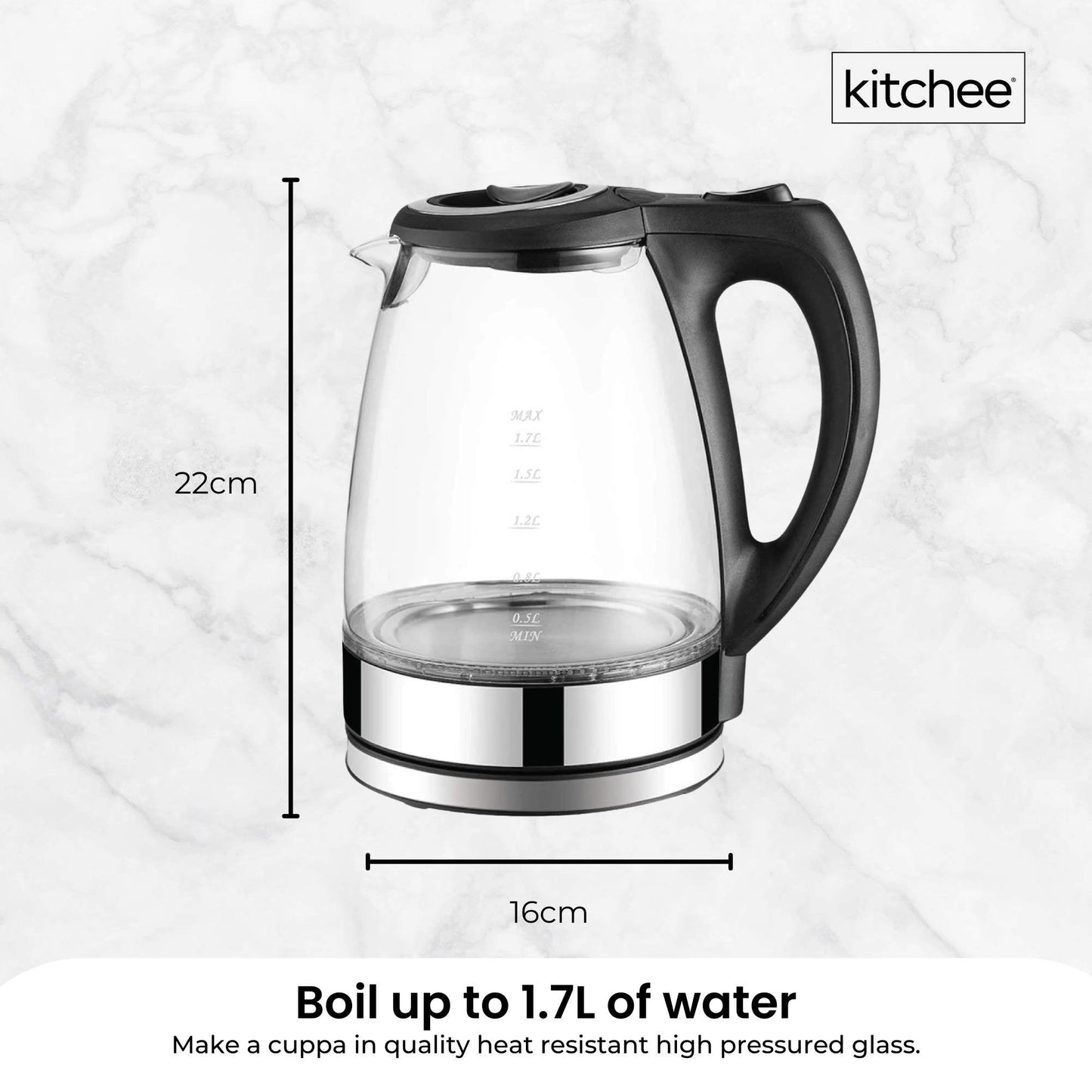 1.7L Electric Glass Kettle with LED Blue Light – 360° Cordless Water Boiler