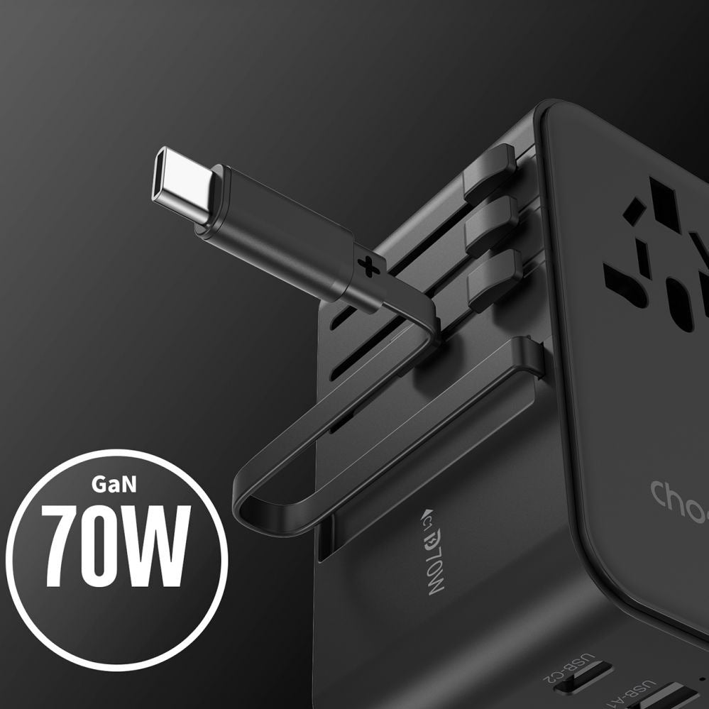 CHOETECH PD5022 70W EU/US/AUS/UK Travel Adapter with Built-in USB-C Cable - Black