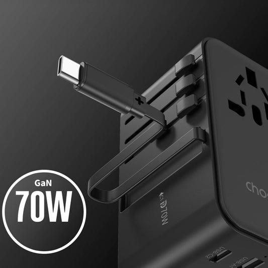 CHOETECH PD5022 70W EU/US/AUS/UK Travel Adapter with Built-in USB-C Cable - Black