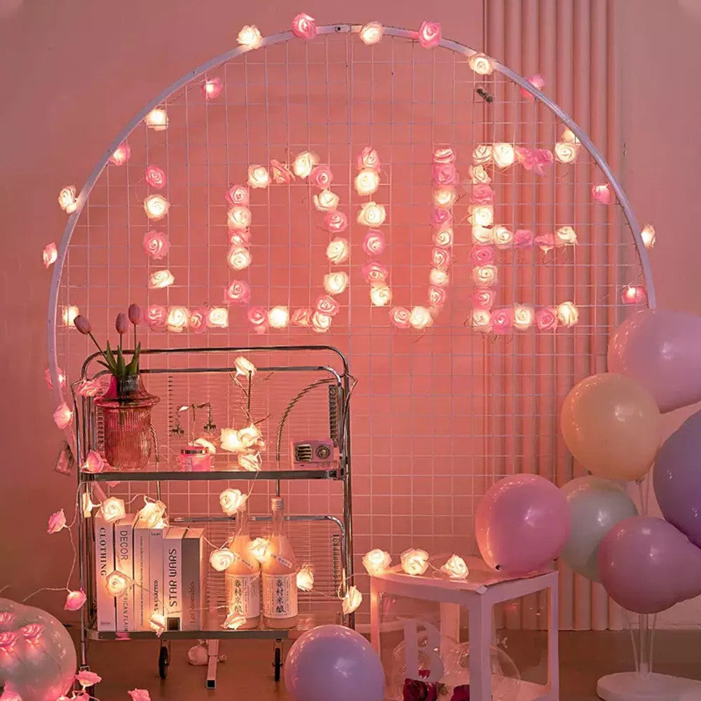 20 Pink n White Rose 3D Fairy Lights 3M String, Battery (AA) Indoor & Outdoor Decorations Wedding Valentines Romantic Room Table Lighting