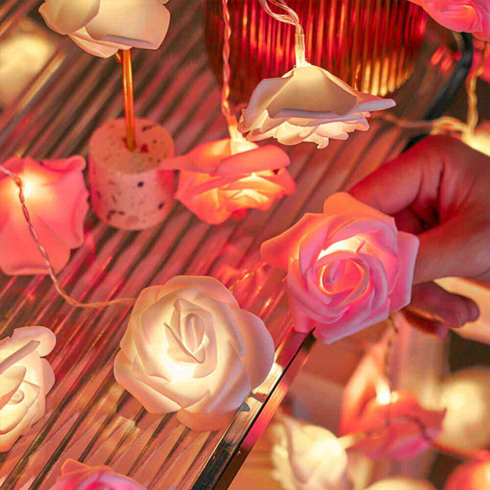 50 Pink n White Rose 3D Fairy Lights 5M LONG String, Battery (AA) Indoor & Outdoor Decorations Wedding Valentines Romantic Room Table Lighting