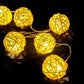 1 Set of Yellow 5cm Rattan Cane 20 Ball Battery Power 3m String Lights Christmas Gift Home Wedding Party Bedroom Decoration Table Centrepiece