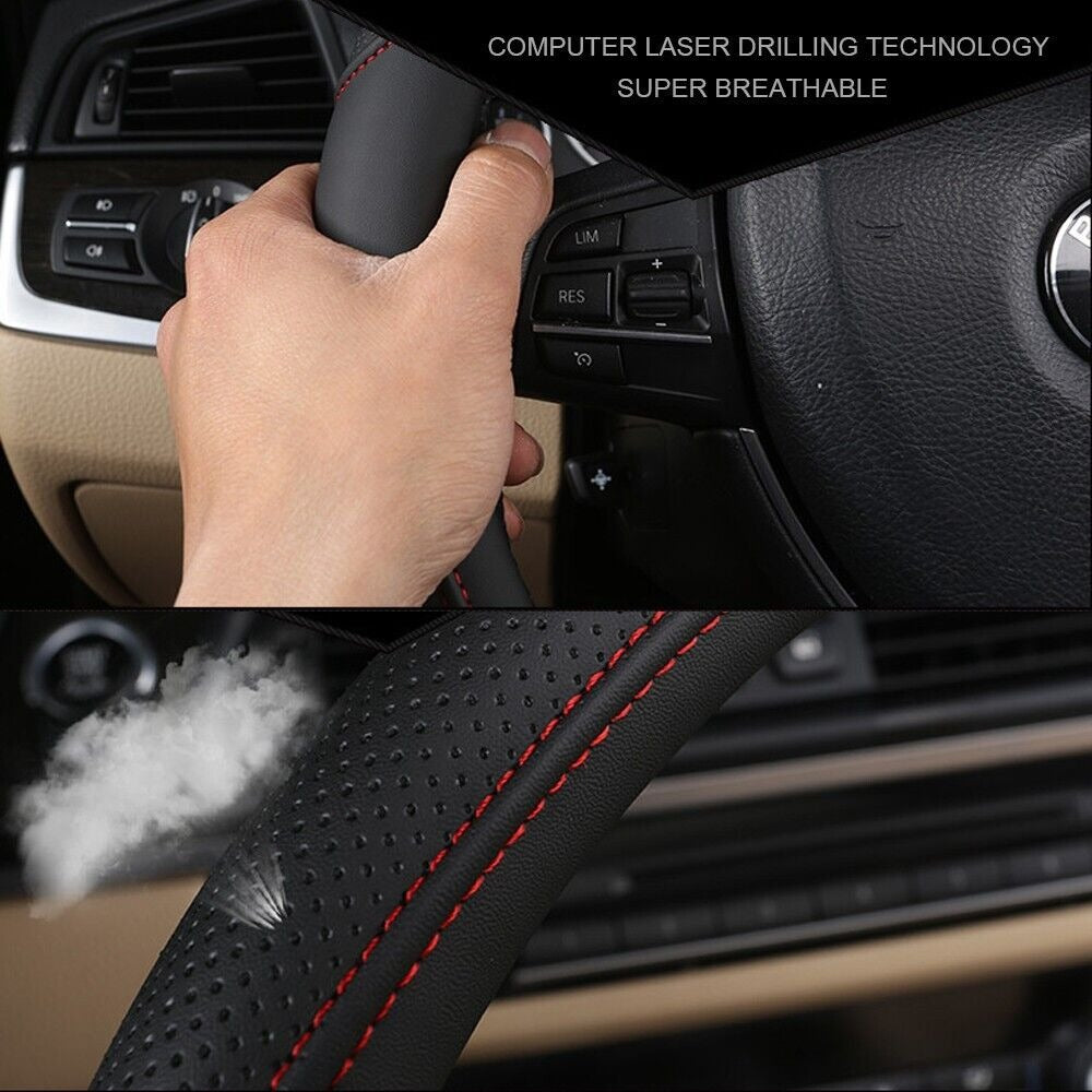 Universal Luxury Car 37-38cm Steering Wheel Cover PU Leather Non-slip Breathable (Black-blue)