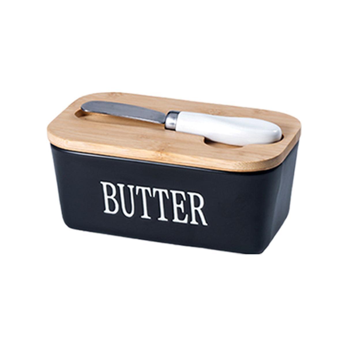 Butter Box with Knife Rectangular Cheese Container with Wooden Lid for Kitchen - Blue