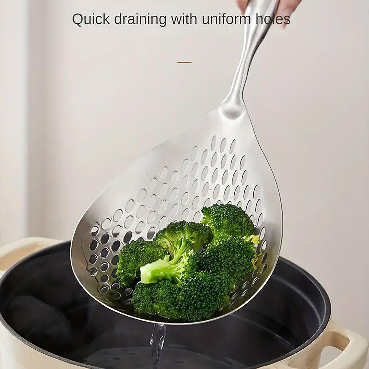 304 Stainless Steel Kitchen Colander Long Handle Noodle Dumpling Strainer Spoon - Stainless steel