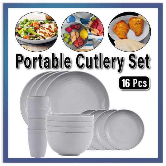 16pcs Wheat Straw Plates Bowls Cups Set Outdoor Tableware Set
