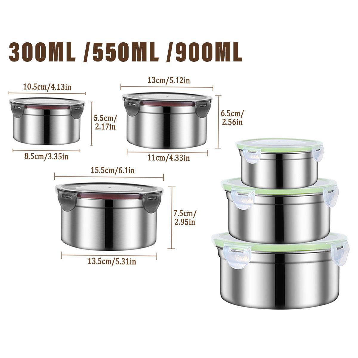 3PCS Stainless Steel Sealed Crisper Storage Box with Lid Round Food Lunch Box - Black