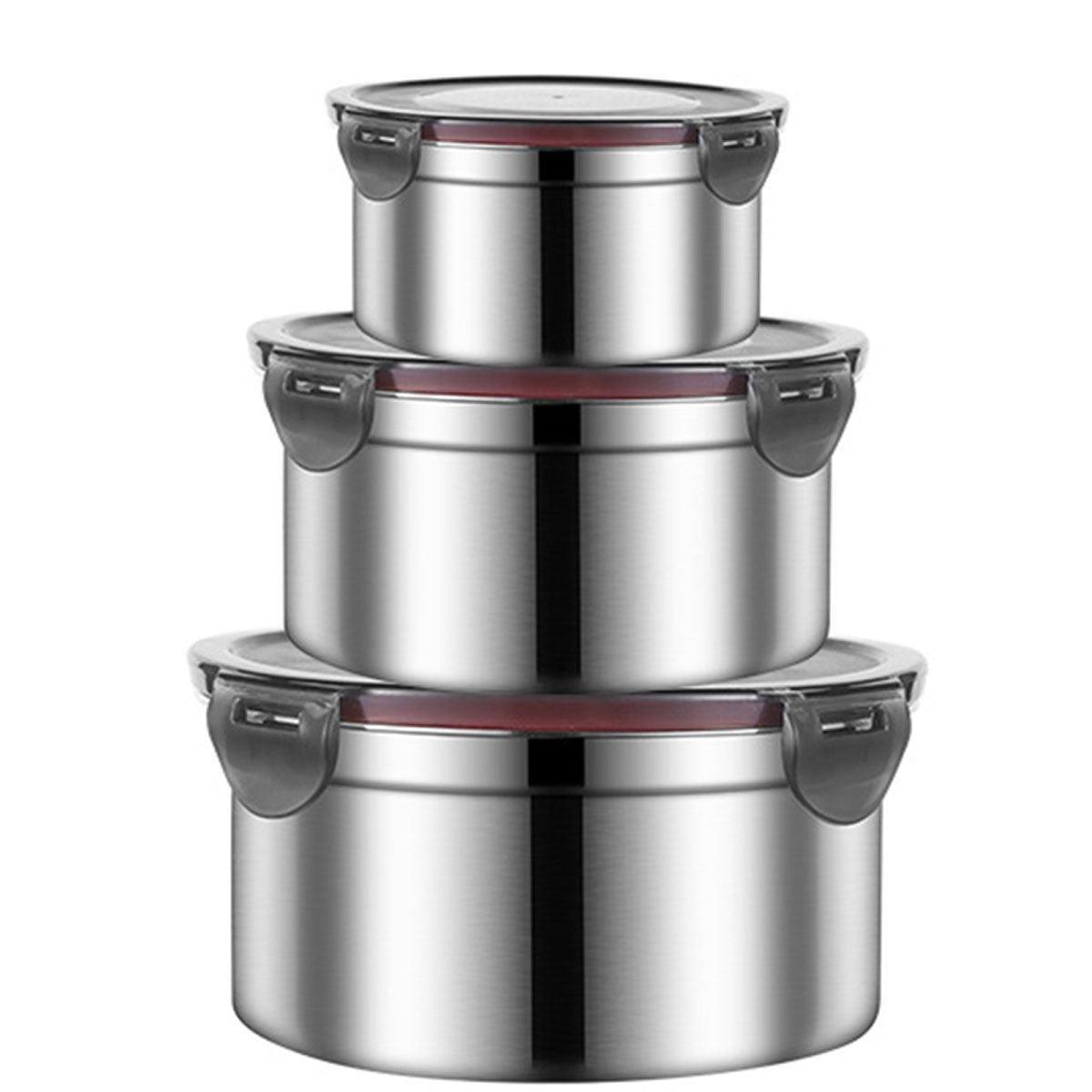 3PCS Stainless Steel Sealed Crisper Storage Box with Lid Round Food Lunch Box - White