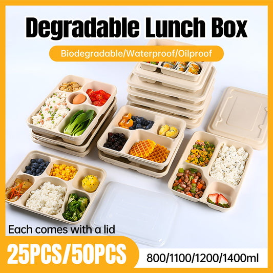 25/50pcs Biodegradable Lunch Box Microwaveable Tray with Compartment Paper Lid - 1200ml-4-25pcs