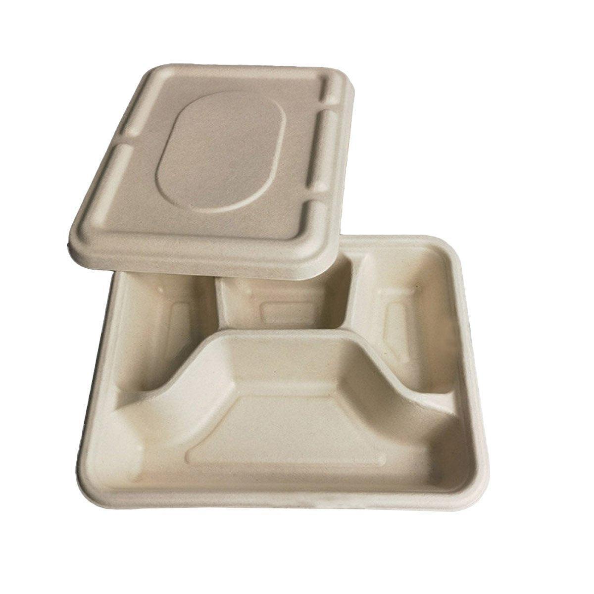 25/50pcs Biodegradable Lunch Box Microwaveable Tray with Compartment Paper Lid - 1200ml-4-25pcs
