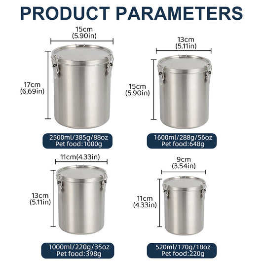Stainless Steel Pet Food Storage Bucket Dog Cat Grain Container Bin Kitchen - 1000ml