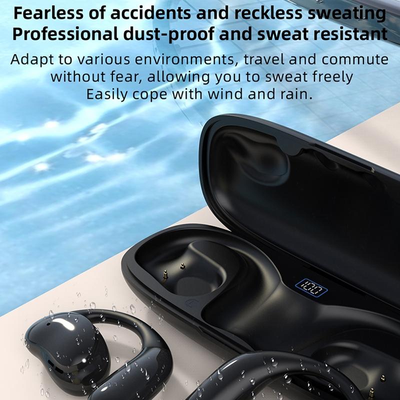 Bluetooth Earphones with Hanging Ear Design and Digital Display Charging Case - Black
