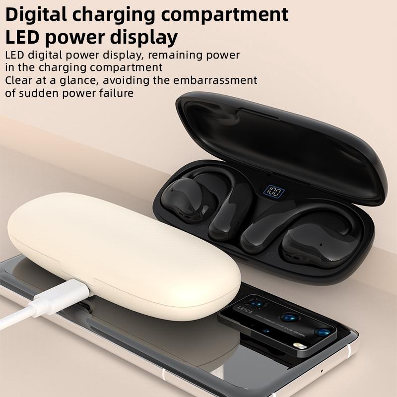 Bluetooth Earphones with Hanging Ear Design and Digital Display Charging Case - Black