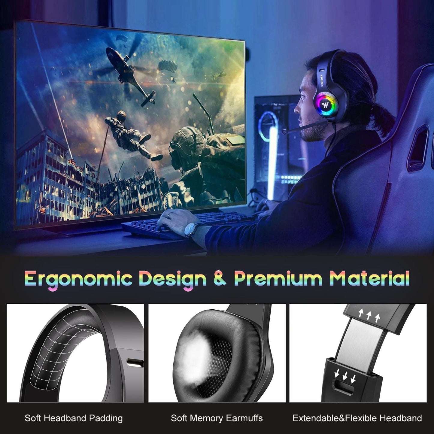 Adjustable Rgb Gaming Headset With Mic Black