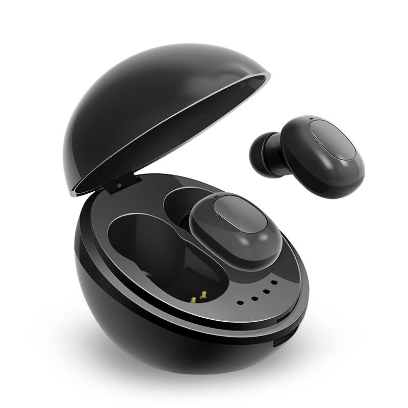 Wireless Bluetooth Earphones - Space Capsule Shape with Magnetic Charging Box & Lanyard - White + Black