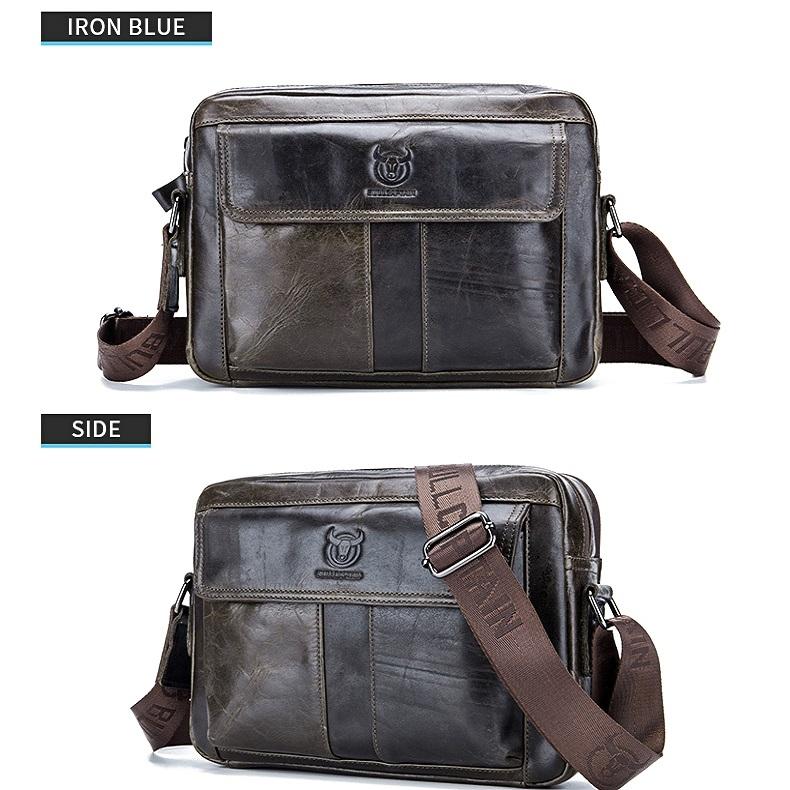 Men Leather Shoulder Bag Double Layer - Iron Blue