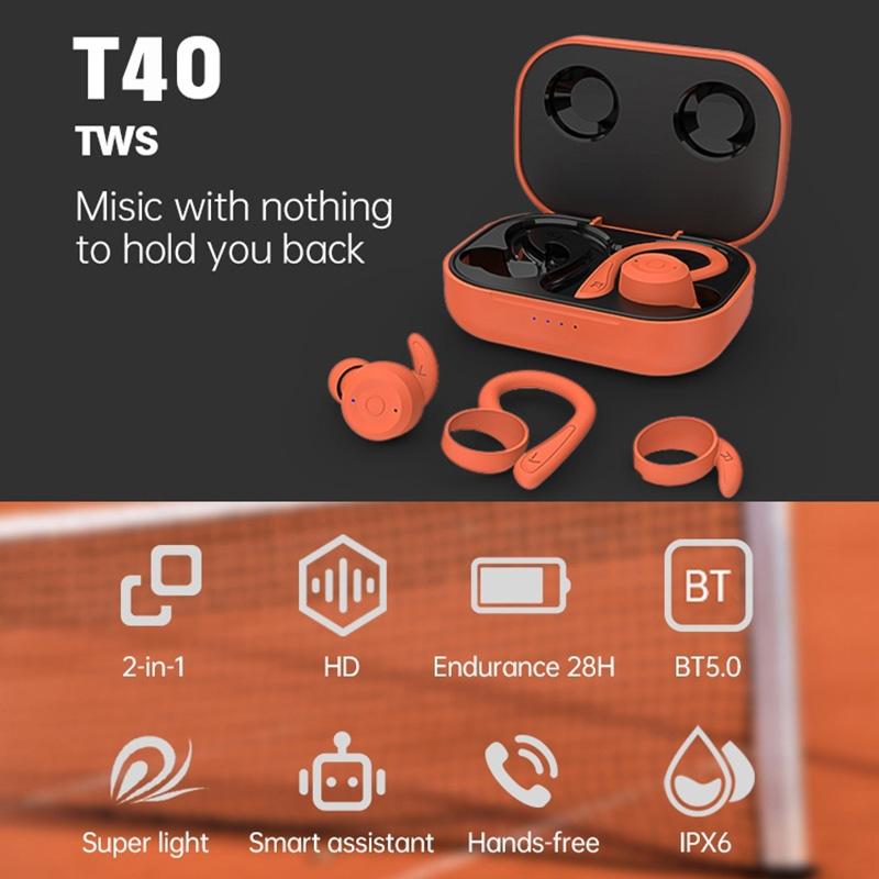 Waterproof t & g T40 Tws Bluetooth Earphones with Charging Box - Black