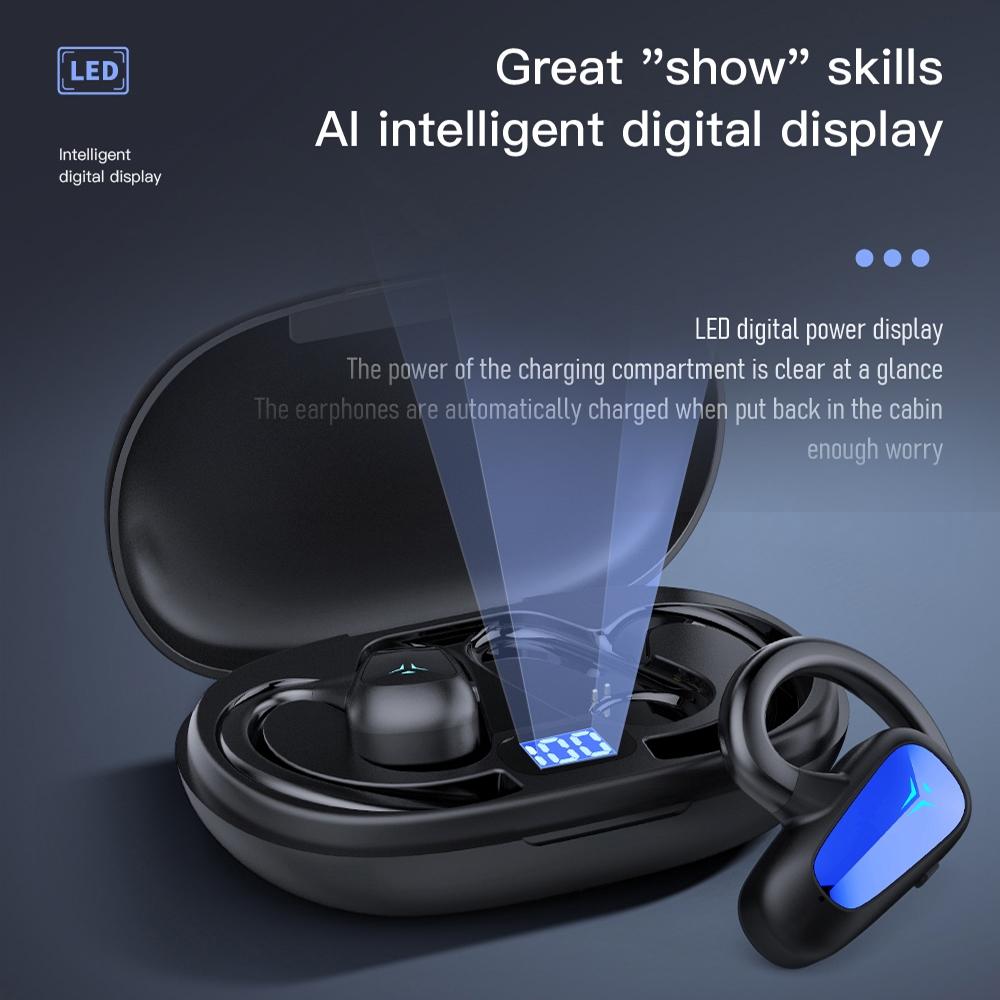 Digital Display Bluetooth Earphones - Bone Conduction Stereo - Blue
