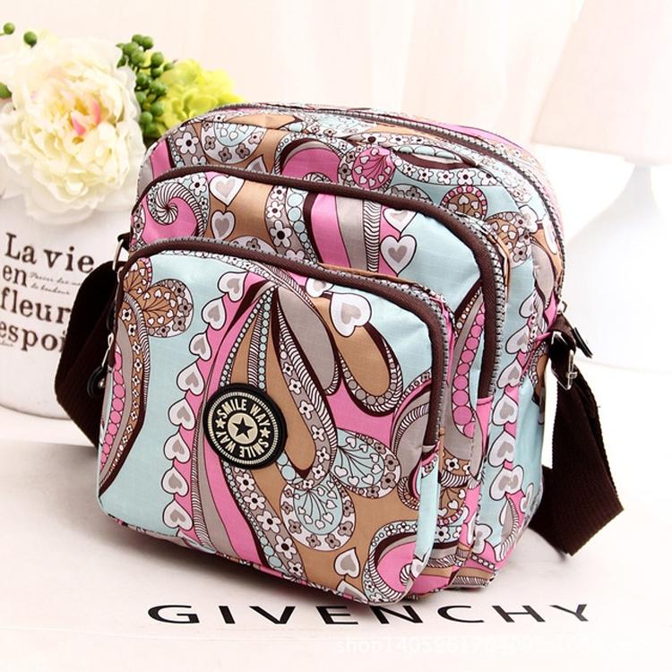 Waterproof Nylon Multilayer Crossbody Bag For Women - Pink Flower