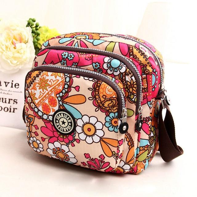 Waterproof Nylon Multilayer Crossbody Bag For Women - Pink Flower