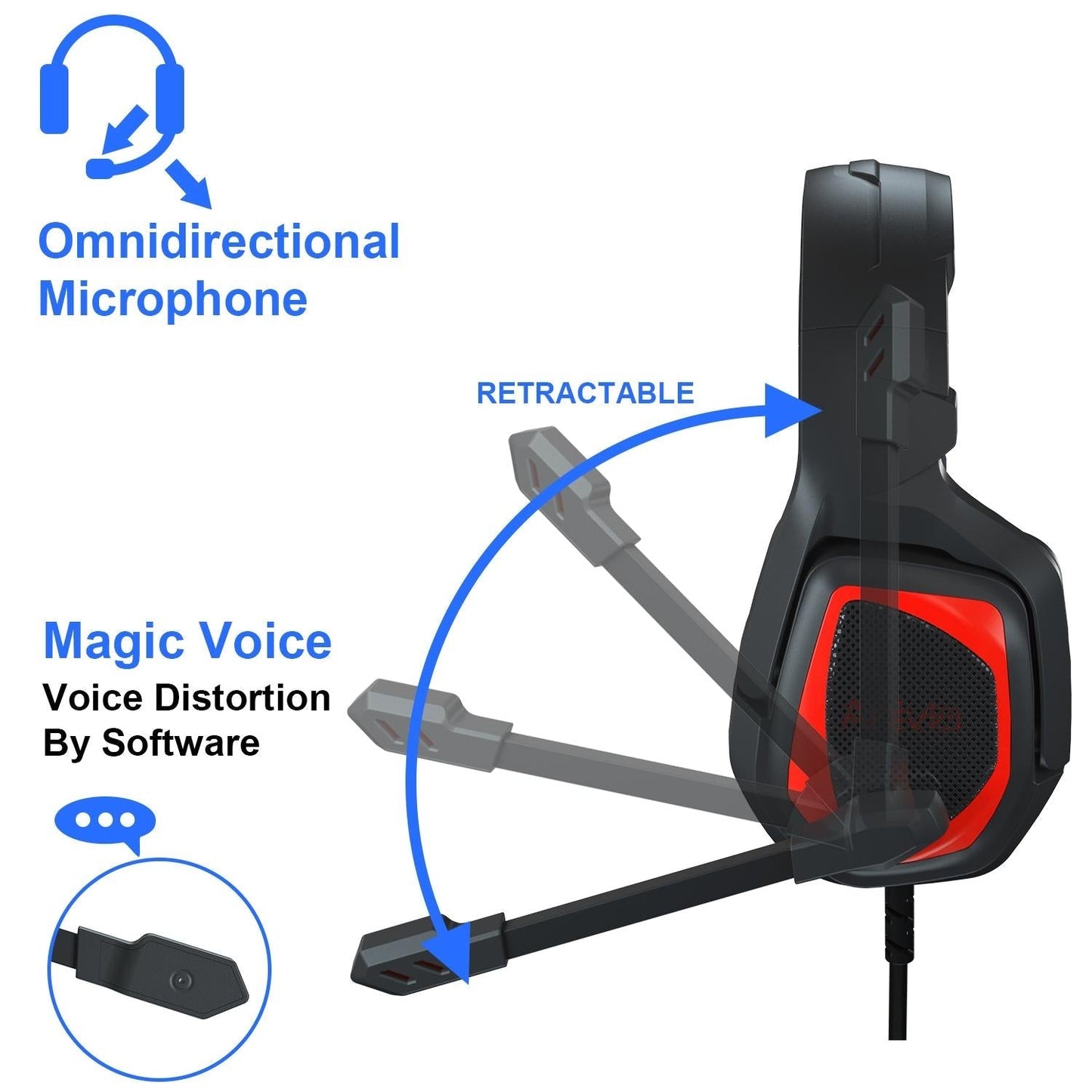 Retractable Mic Gaming Headset 3.5Mm Plug 2.2M Cable - Black Red