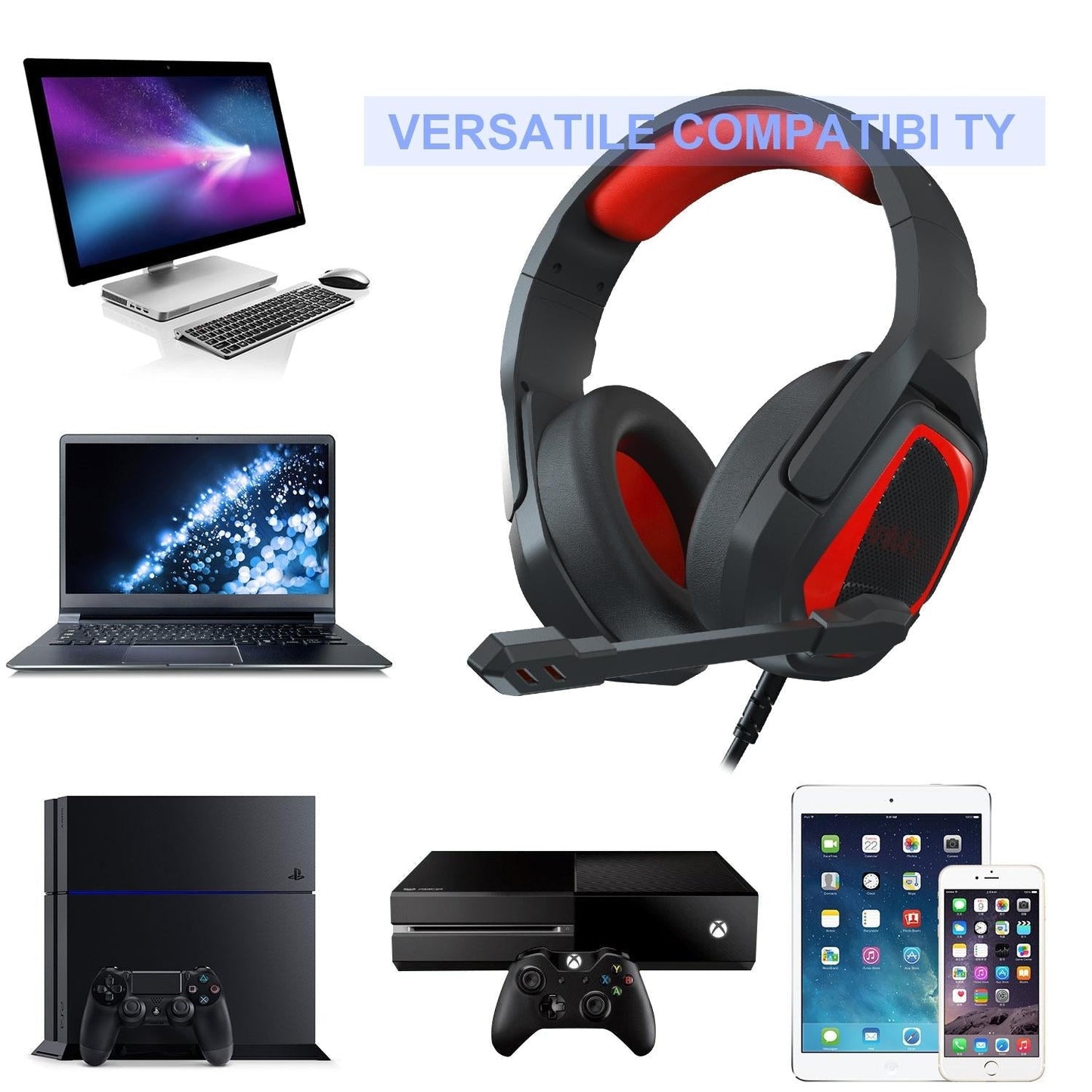Retractable Mic Gaming Headset 3.5Mm Plug 2.2M Cable - Black Red
