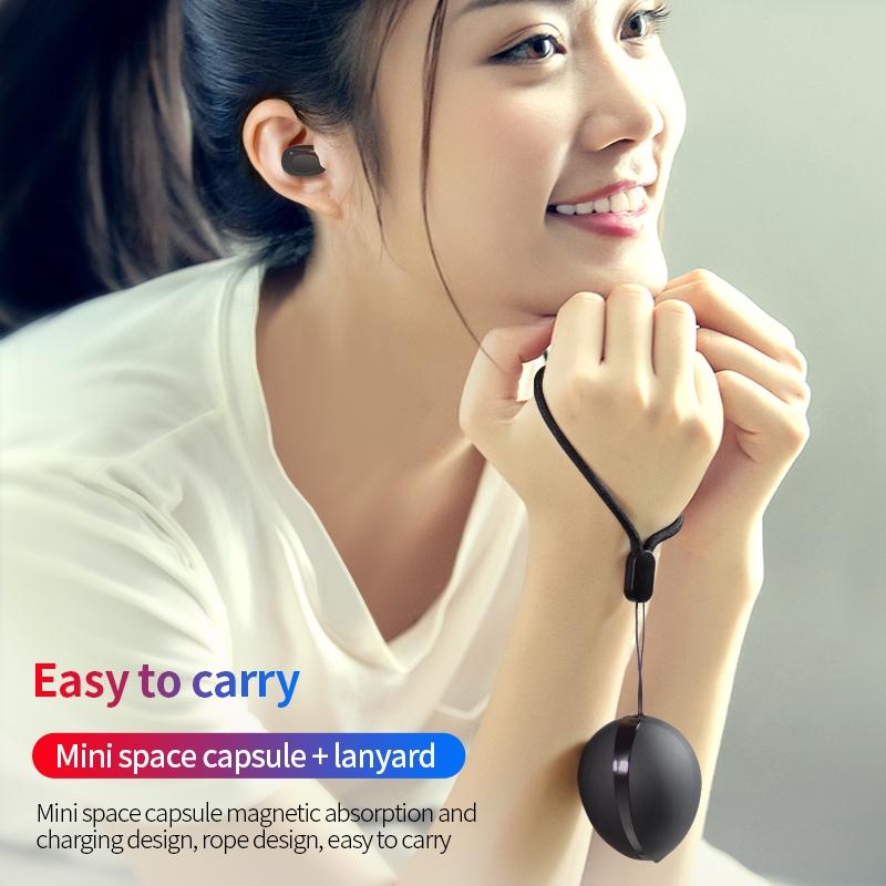 Wireless Bluetooth Earphones - Space Capsule Shape with Magnetic Charging Box & Lanyard - White