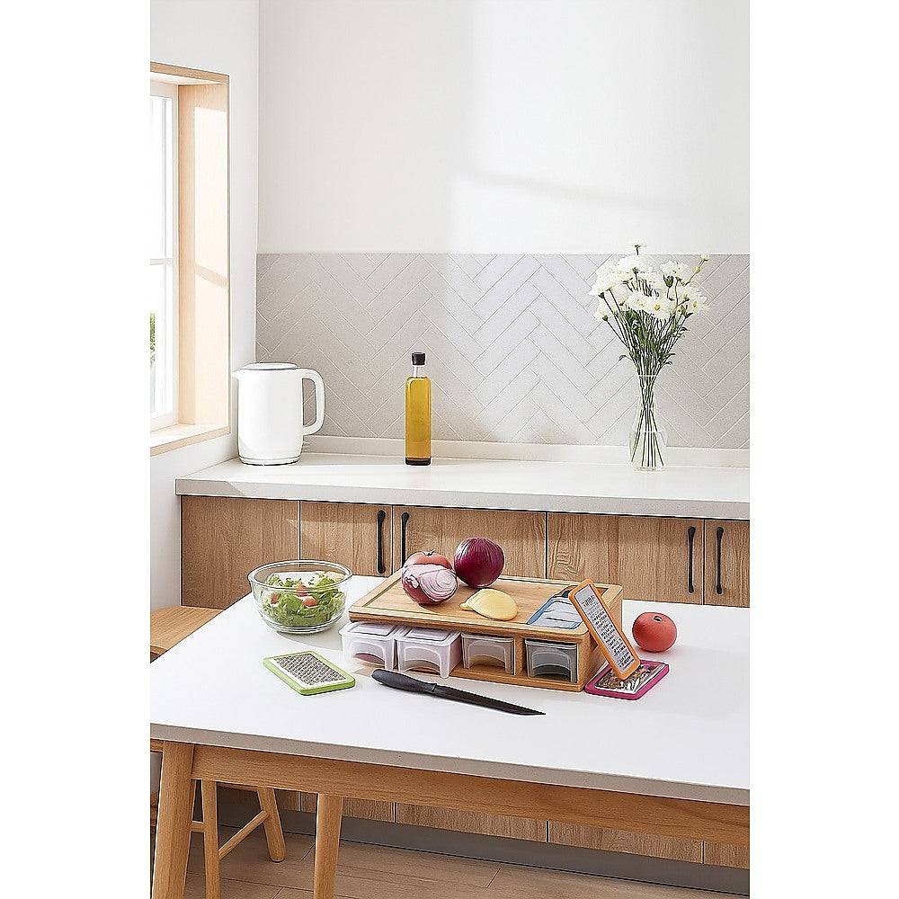 Bamboo Cutting Board Set with Graters and Containers Food Prep Station for Kitchen Organisation