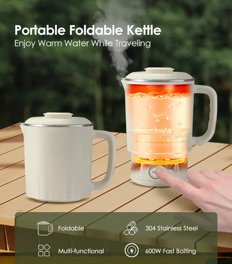 Portable Foldable Travel Electric Kettle 304 Stainless Steel – Compact Boiler (White)