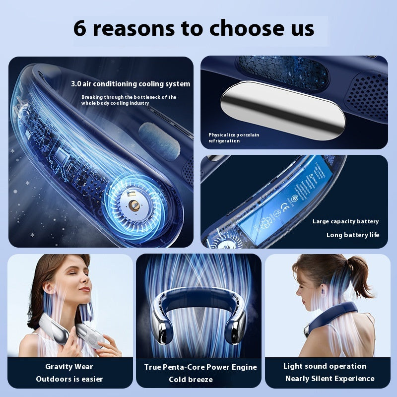 Wearable Neck Fan 2400mAh Digital Display Rechargeable – Blue