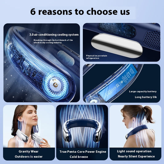 Wearable Neck Fan 2400mAh Digital Display Rechargeable – Blue