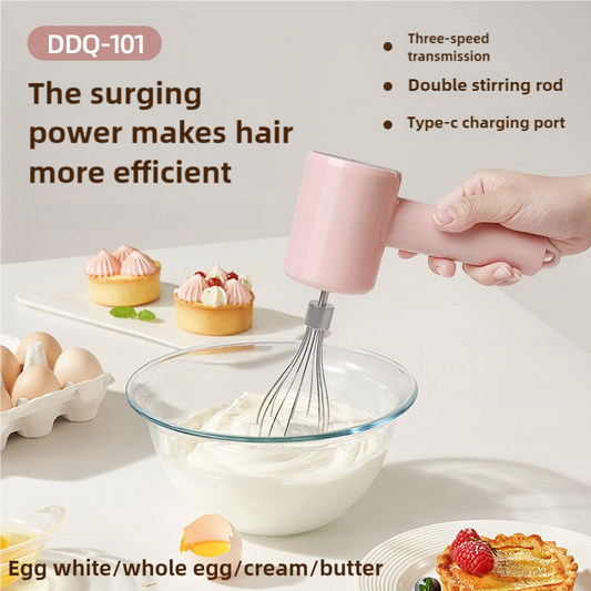 Portable Electric Egg Beater 3-Speed Dual Whisk USB-C Rechargeable – Pink