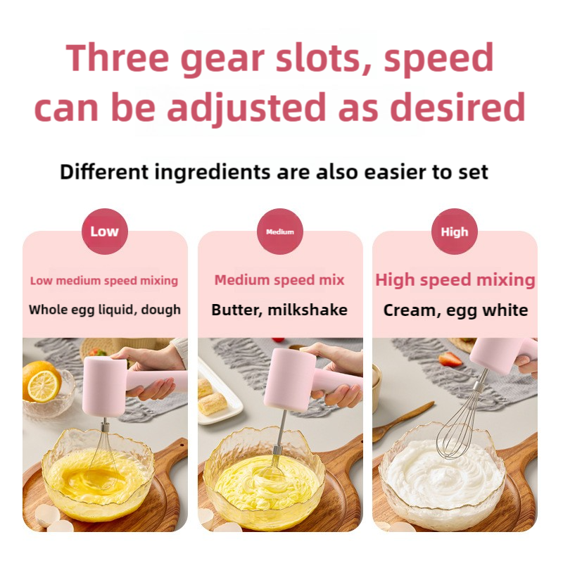 Portable Electric Egg Beater 3-Speed Dual Whisk USB-C Rechargeable – Pink