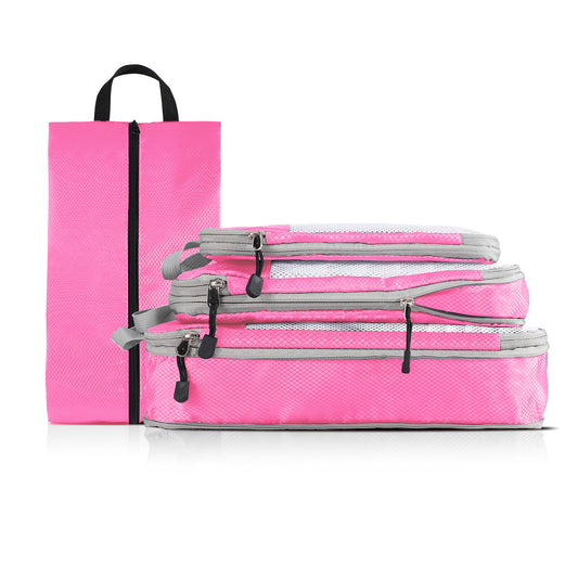 4-piece Set Pink Compression Travel Storage Bags Set, Mesh Travel Organizers for Luggage, Foldable and Space-Saving Packing Cubes