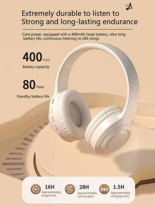 Beige Wireless Headphones - 400mAh, 16H Playtime, SD Card & Aux Support