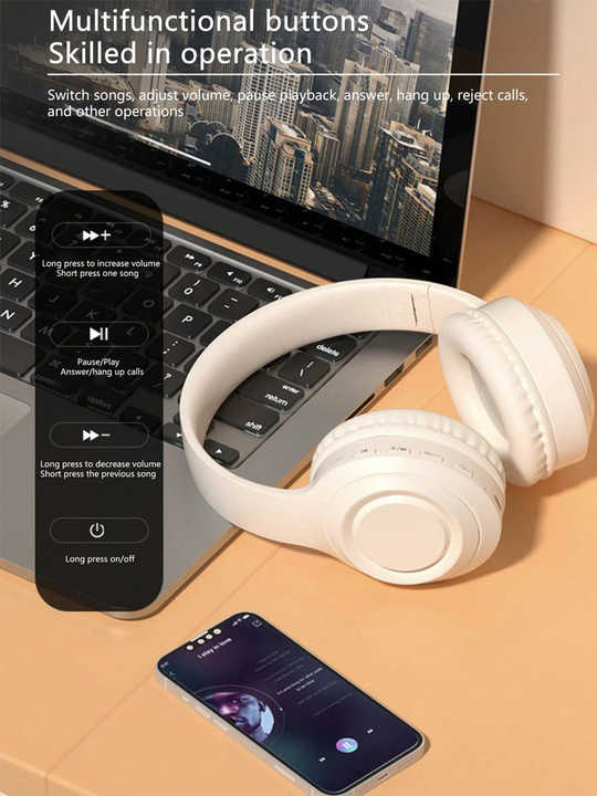 Beige Wireless Headphones - 400mAh, 16H Playtime, SD Card & Aux Support