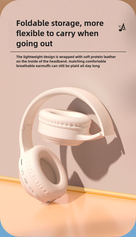 Beige Wireless Headphones - 400mAh, 16H Playtime, SD Card & Aux Support