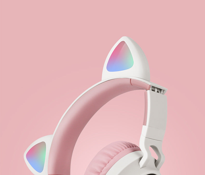 Adorable Cat Ear Wireless Headphones - Bluetooth 5.0, Foldable Design, Glowing RGB LED Lights - Cute Light Blue Headset
