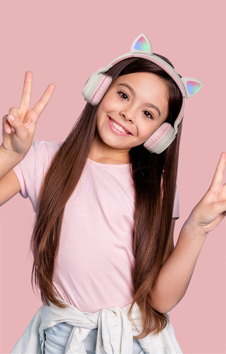 Adorable Cat Ear Wireless Headphones - Bluetooth 5.0, Foldable Design, Glowing RGB LED Lights - Cute Light Blue Headset
