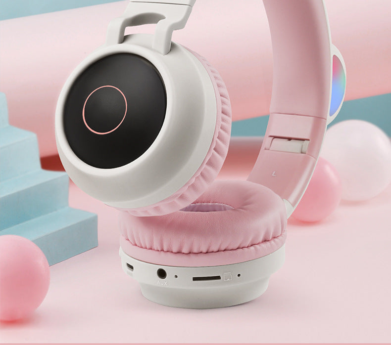 Adorable Cat Ear Wireless Headphones - Bluetooth 5.0, Foldable Design, Glowing RGB LED Lights - Cute Purple Headset
