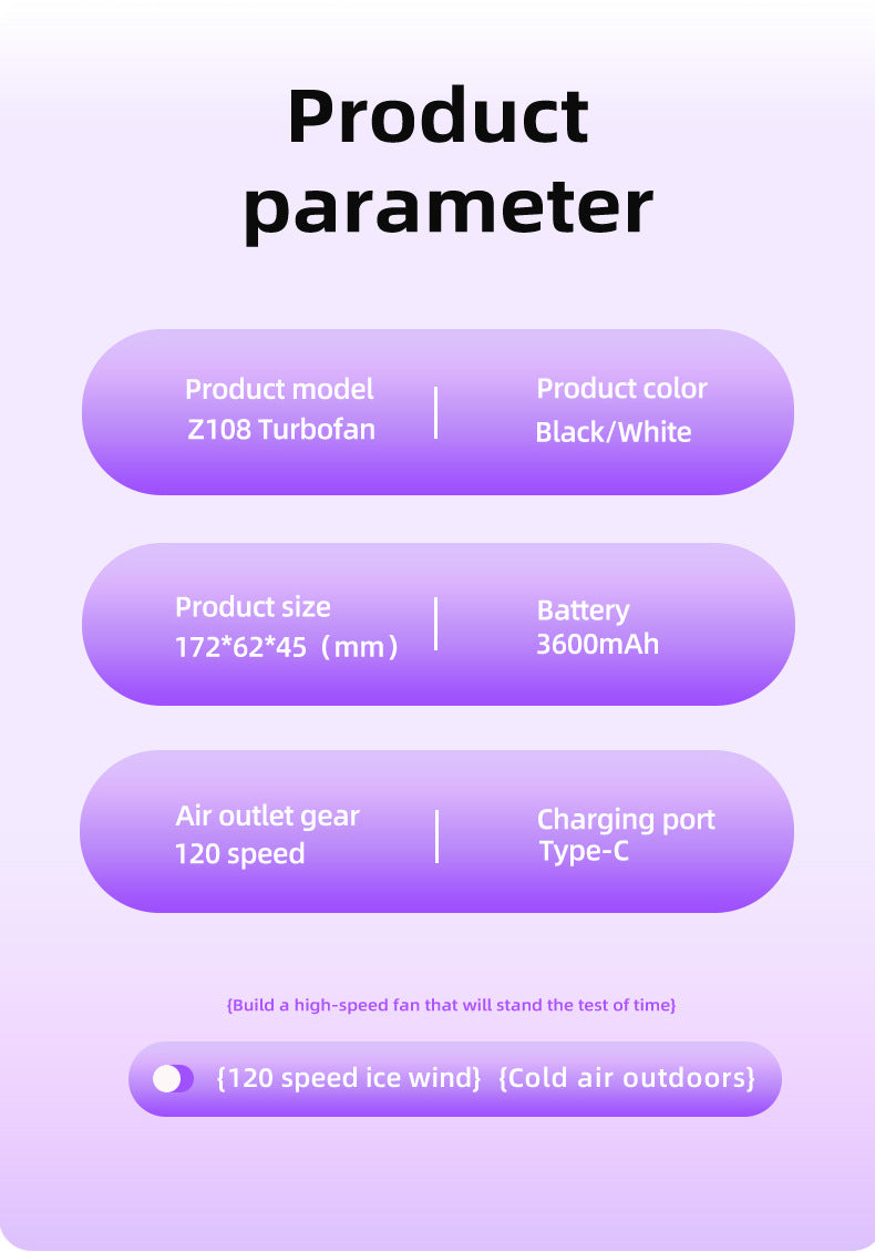 Handheld Fan 120-Speed Display USB Rechargeable – Purple