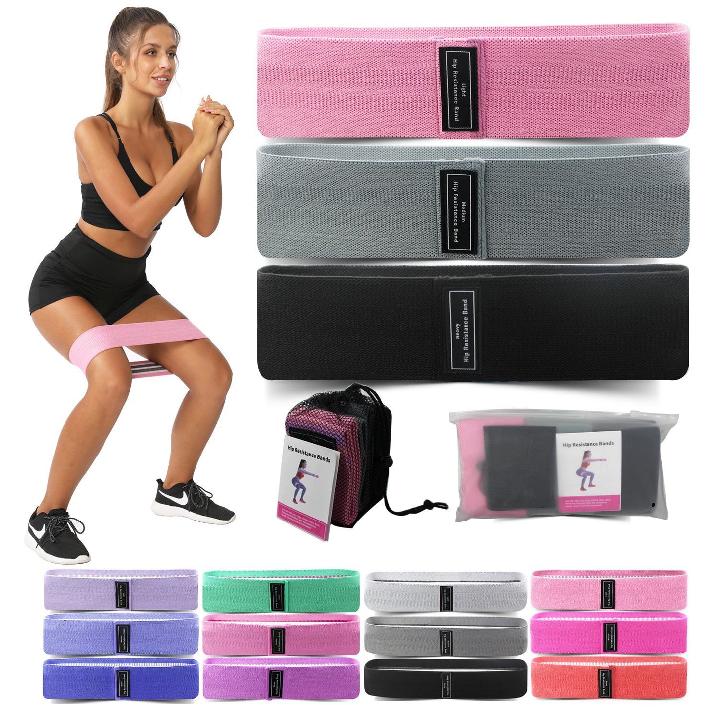 Red Colour Scheme Fabric Resistance Bands Set - 3 Levels Non-Slip Hip Bands for Strength Training