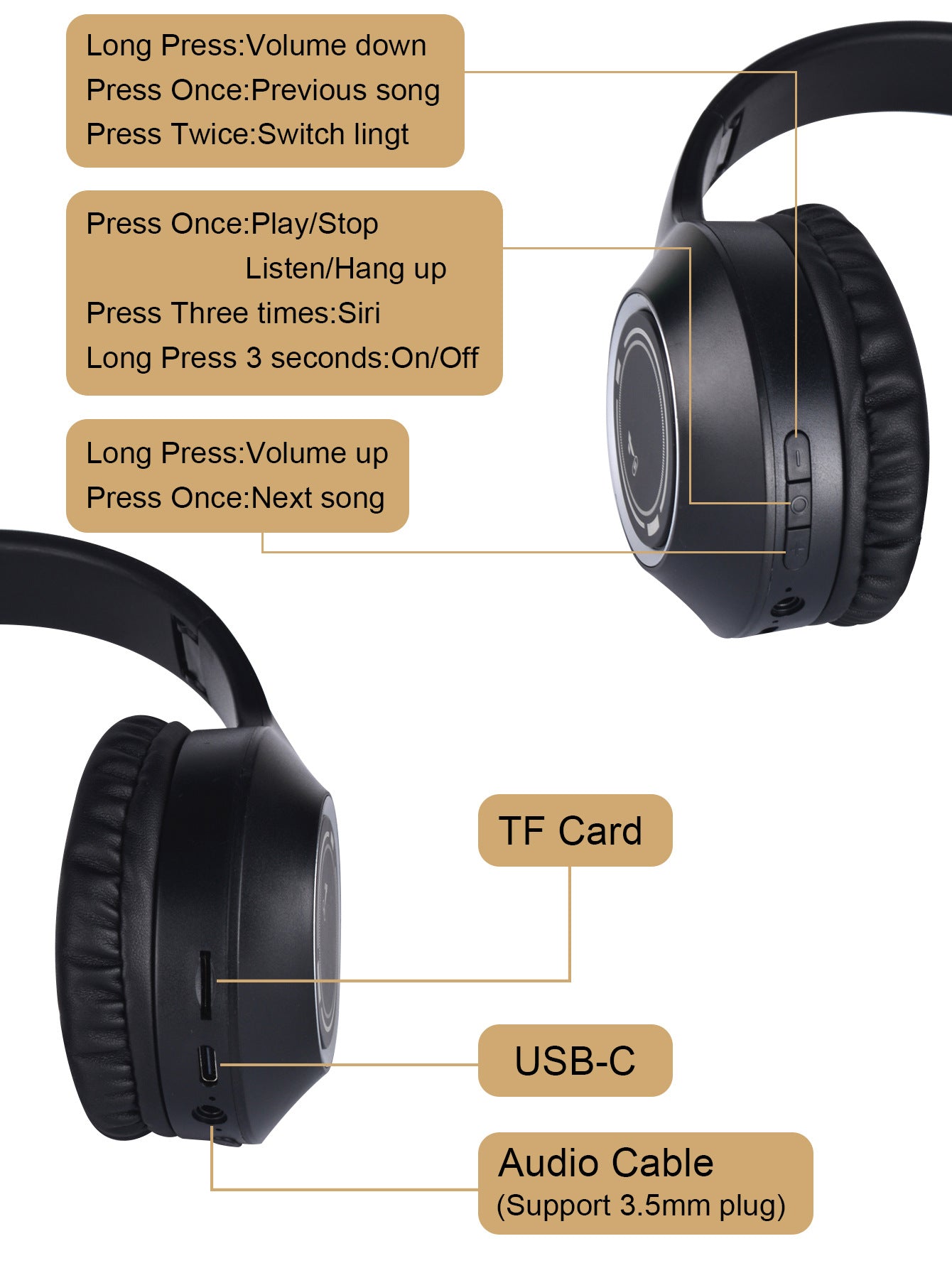 Black Bluetooth 5.2 Headphones - Foldable, Adjustable Headband, TF Card