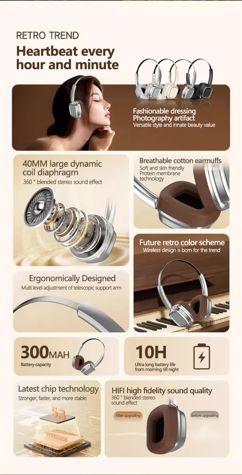 Black Compact Retro Headphones - Wireless Bluetooth, Deep Bass, Immersive Sound