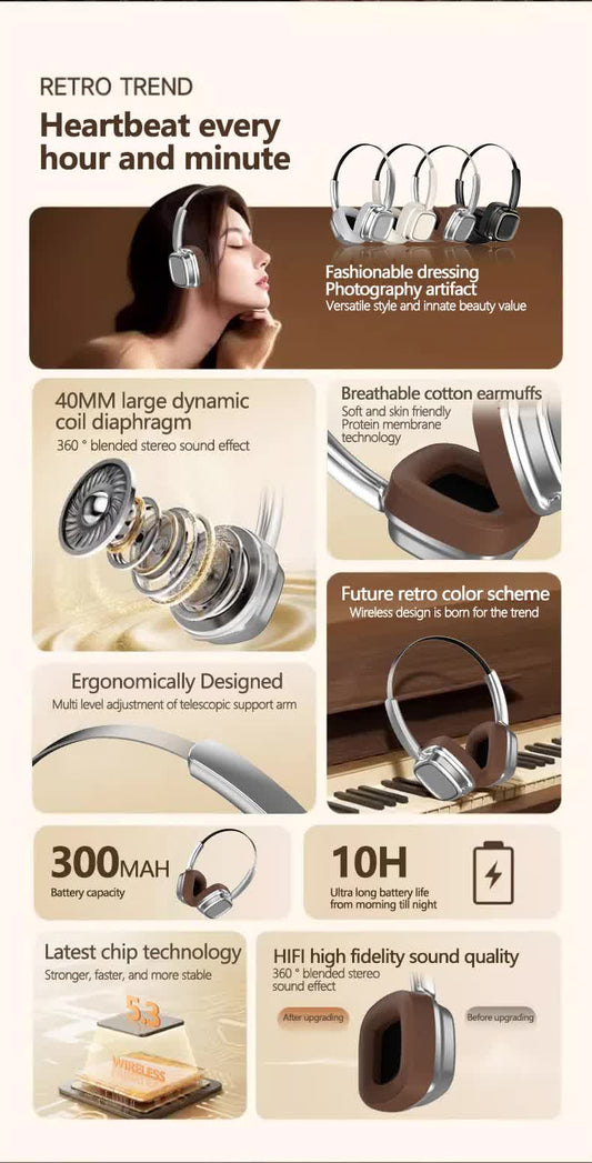 Black Compact Retro Headphones - Wireless Bluetooth, Deep Bass, Immersive Sound