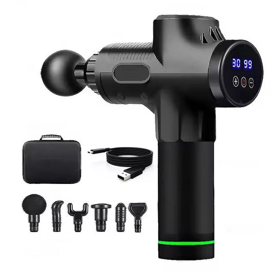 Black Deep Tissue Percussion Massage Gun - 30 Speeds, 6 Heads, Type-C Charging