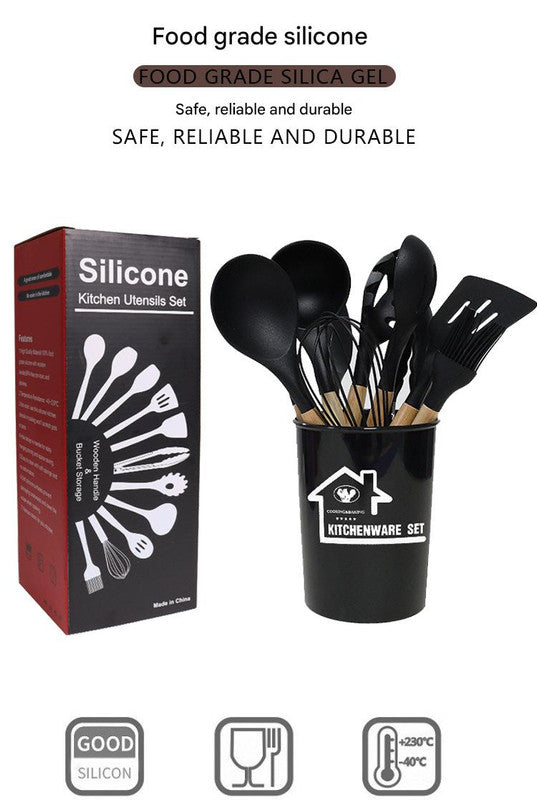 Dark Grey 11-Piece Silicone Kitchen Utensil Set with Wooden Handles and Storage Bucket - Heat Resistant and Non-Stick