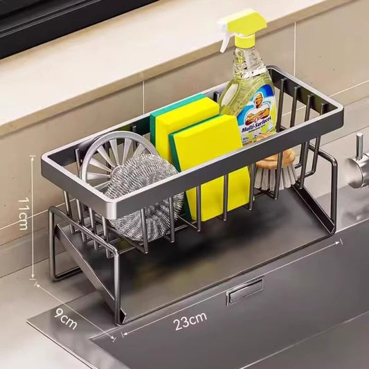 Kitchen Sink Caddy Organizer with Towel Bar & Drain Tray - Durable Metal Sponge Holder(grey)
